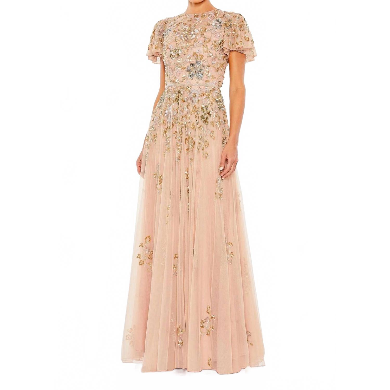New Mac Duggal Embellished Butterfly Sleeve Gown In Taupe Multi